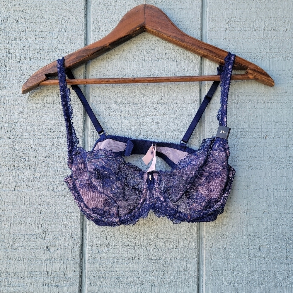 NWT Victoria's Secret Unlined Demi Lace Rhinestone Bra Navy Pink sz 34C